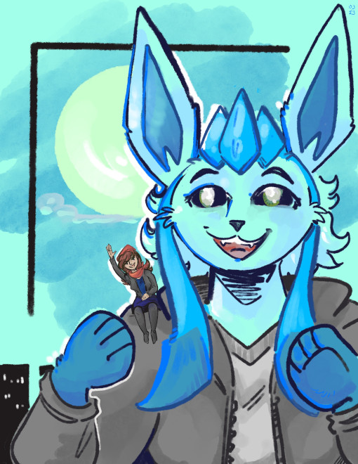 A picture of Holly and Amy together. Holly is a giant anthro Glaceon, roughly 80 feet tall, waving with one paw and supporting her shoulder with the other. Amy is sitting on that shoulder, leaning out and also waving.