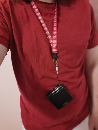 A picture of our torso. We have a red lanyard with printed snowflakes on, and our black Game Boy Advance SP is hanging from it.